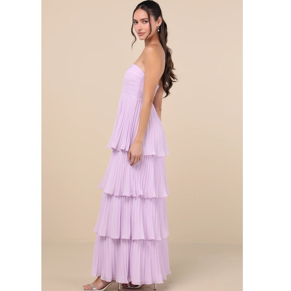 Lulus Seriously Sensational Lavender Pleated Tiered Strapless Maxi Dress Medium - Picture 8 of 8